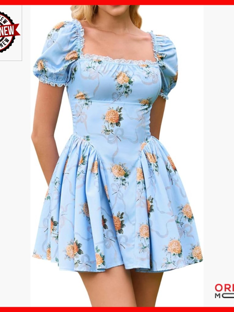 Floral Square Neck Mini Dress Lace Puff Sleeve Off Shoulder Smocked